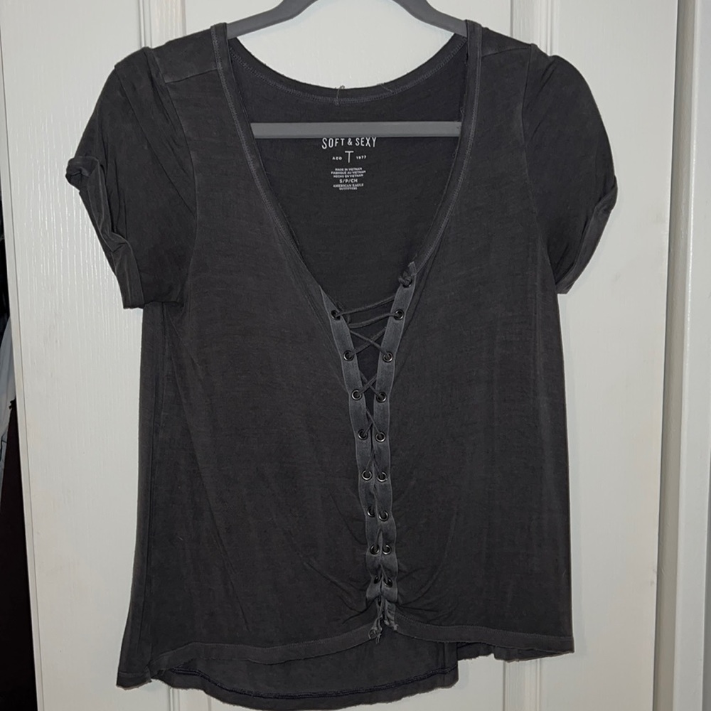 AE Grey lace up tie front soft & sexy tee
